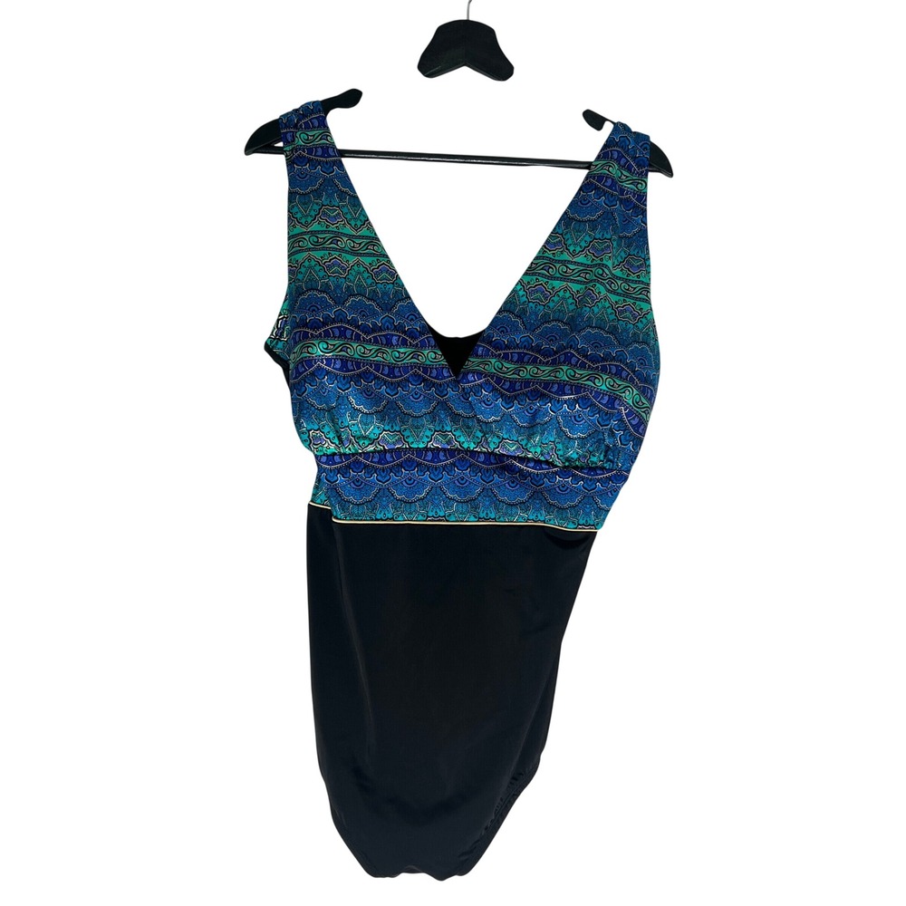 Longitude Womens 22W One Piece Swimsuit Blue Teal Paisley Tummy Control RW23012